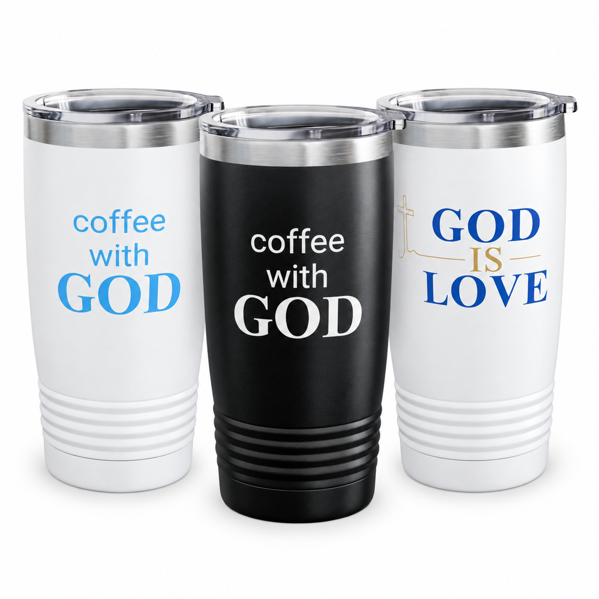 Build-your-own 20 oz tumbler bundle featuring Coffee With GOD and God Is Love designs