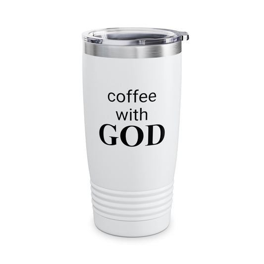 Inspirational Stainless Steel White 20oz Tumbler, "coffee with God" Inscription, Religious Gift