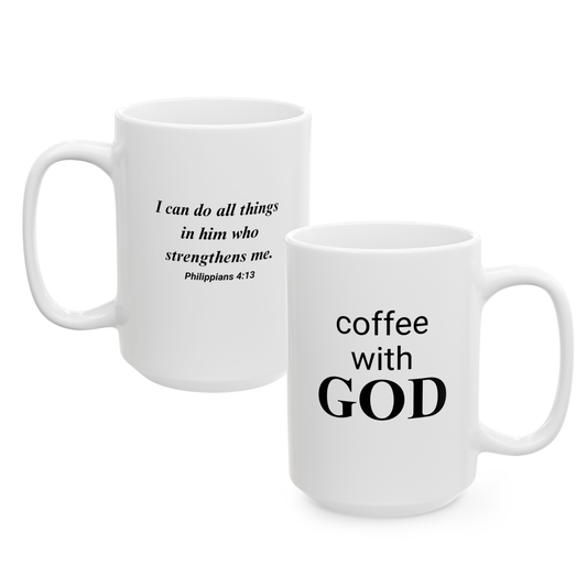 15 oz Ceramic Mug with "coffee with GOD" & Philippians 4:13, Unique Gift for Women & Men of Faith