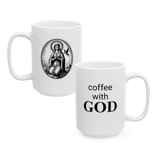 15 oz "coffee with GOD" & Image of Virgin Mary Ceramic Mug, Unique Gift for Women & Men of Faith