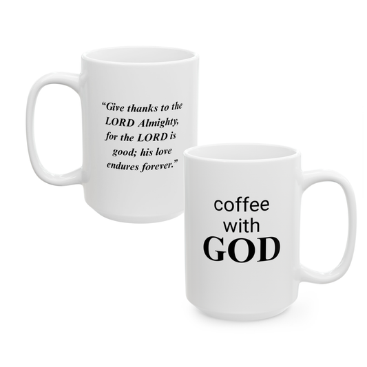 15 oz "coffee with GOD" & "Give thanks to the LORD" , Ceramic Mug, Unique Gift for Women & Men of Faith