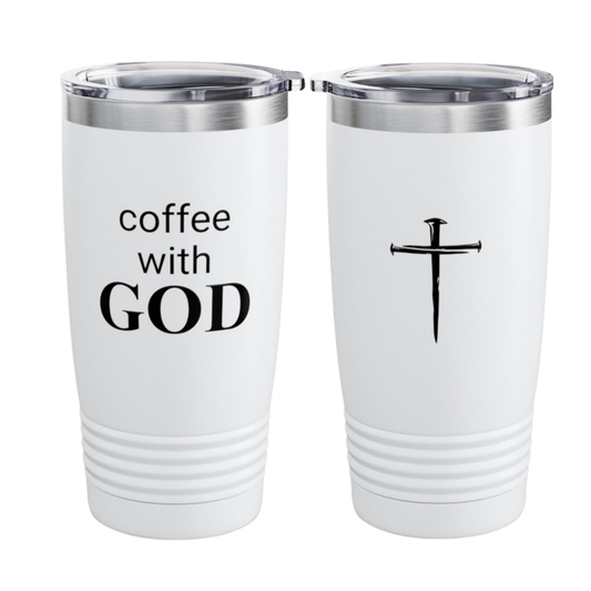 Inspirational Stainless Steel White 20oz Tumbler, "coffee with God" Inscription, Religious Gift