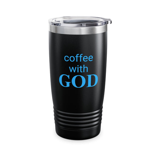 Christian Inspirational Stainless Steel Black 20oz Tumbler, "coffee with God" Inscription, Religious Gift